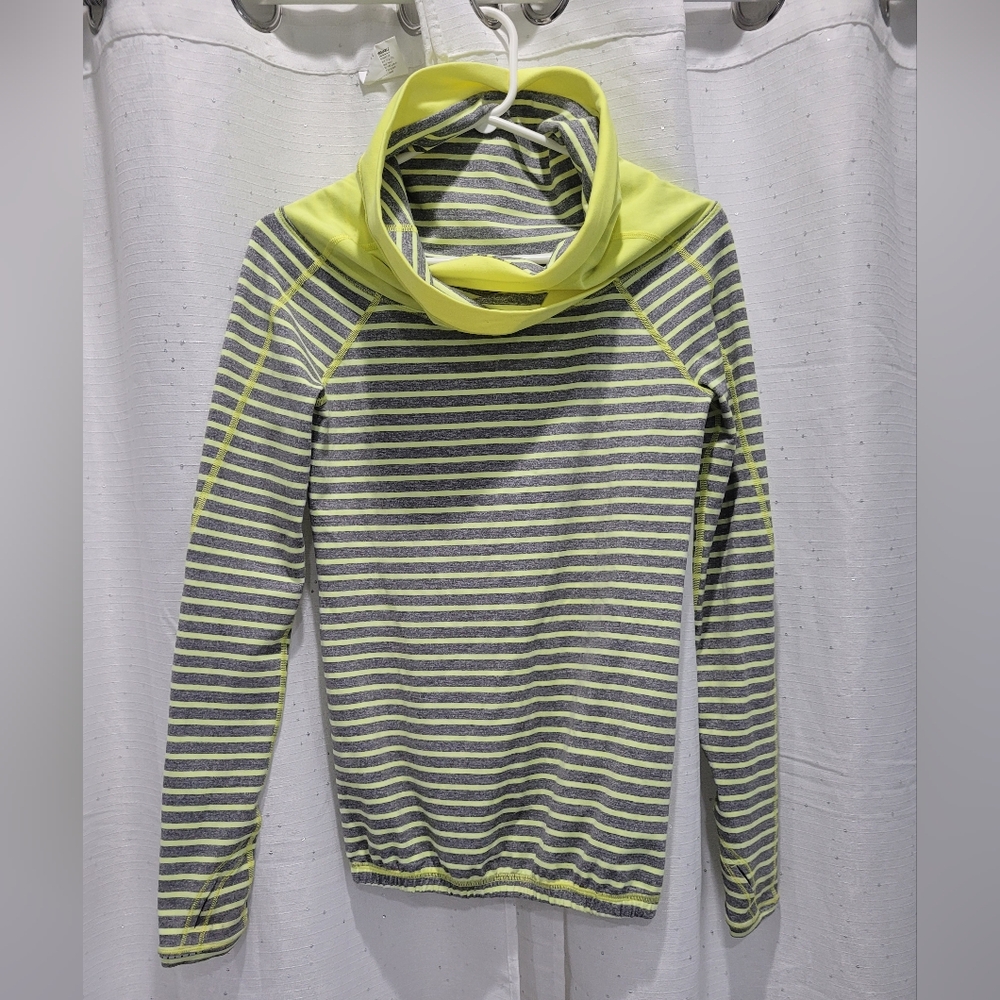 IVIVVA Girls By Lululemon Cowl Neck Pullover, Thumb Holes, Stripped Grey/Yellow